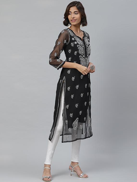 ada hand-embroidered black georgette chikankari straight kurta - 17428067 - Standard Image - 1