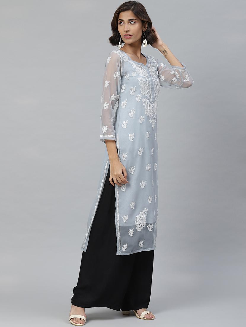 georgette grey lucknowi chikankari kurta - 17428069 -  Standard Image - 1