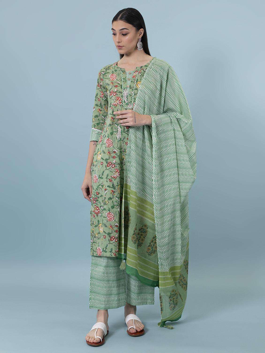 women three quarter sleeve kurta palazzo with dupatta set