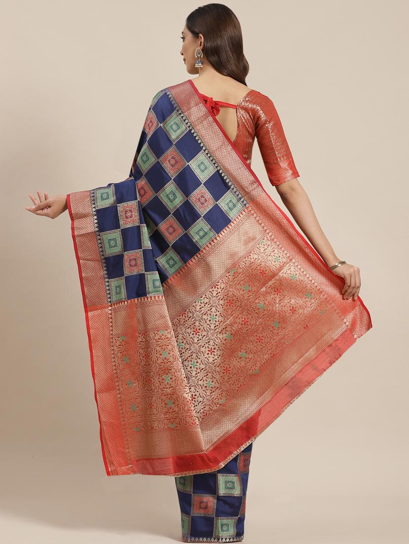 navy silk blend banarasi saree with blouse - 17428342 -  Standard Image - 1