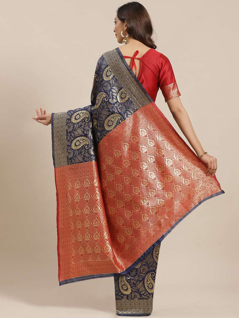 navy art silk banarasi saree with blouse - 17428992 -  Standard Image - 1