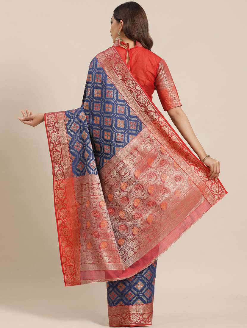 navy silk blend banarasi saree with blouse - 17429002 - Standard Image - 1