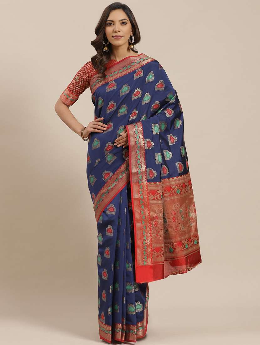 women's self design navy blue colored saree with blouse