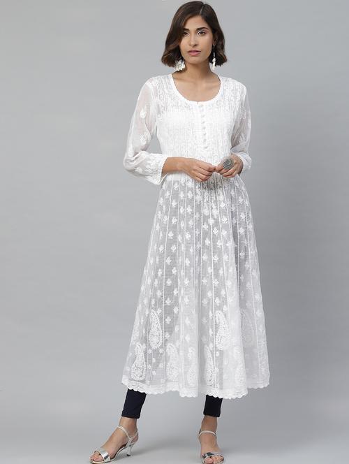ada hand embroidered white kota chikankari a-line kurta - 17429346 - Standard Image - 0