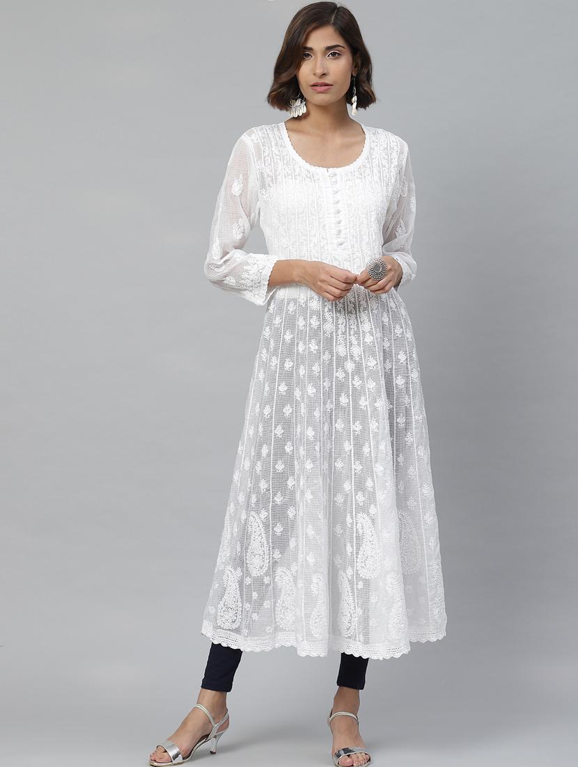 ada hand embroidered white kota chikankari a-line kurta - 17429346 - Zoom Image - 0