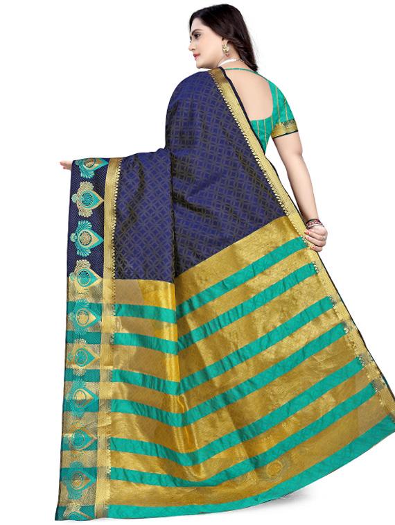 navy cotton silk printed saree with blouse - 17430040 - Standard Image - 1