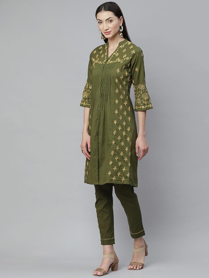 olive cotton kurta pant set - 17430479 - Standard Image - 1