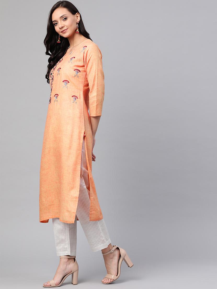 orange embroidered straight kurta - 17432530 - Standard Image - 1