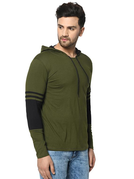 olive green color block cut & sew hooded t-shirt - 17436883 -  Standard Image - 1