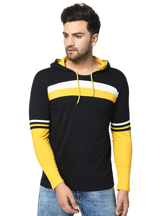 black color block cut & sew hooded t-shirt