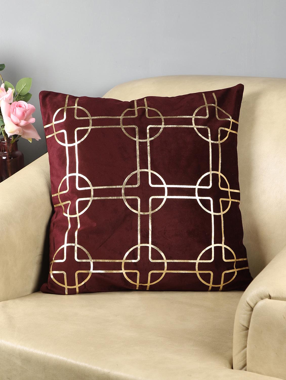 ambbi collections maroon 100 % velvet 16x16 inch gold foil cushion cover - 17438336 -  Zoom Image - 0
