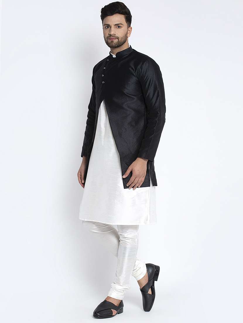 white solid pure silk kurta pyjama set with black jacquard ethnic jacket - 17442563 -  Standard Image - 1