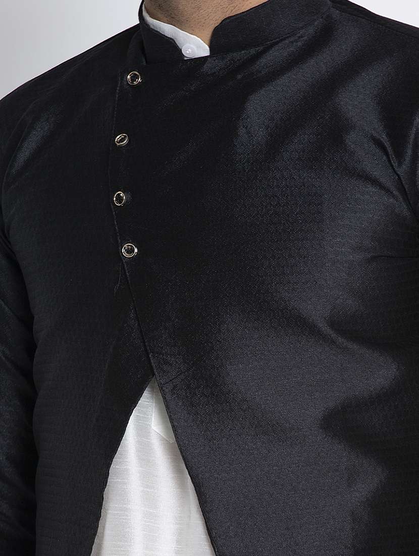 white solid pure silk kurta pyjama set with black jacquard ethnic jacket - 17442563 - Standard Image - 4