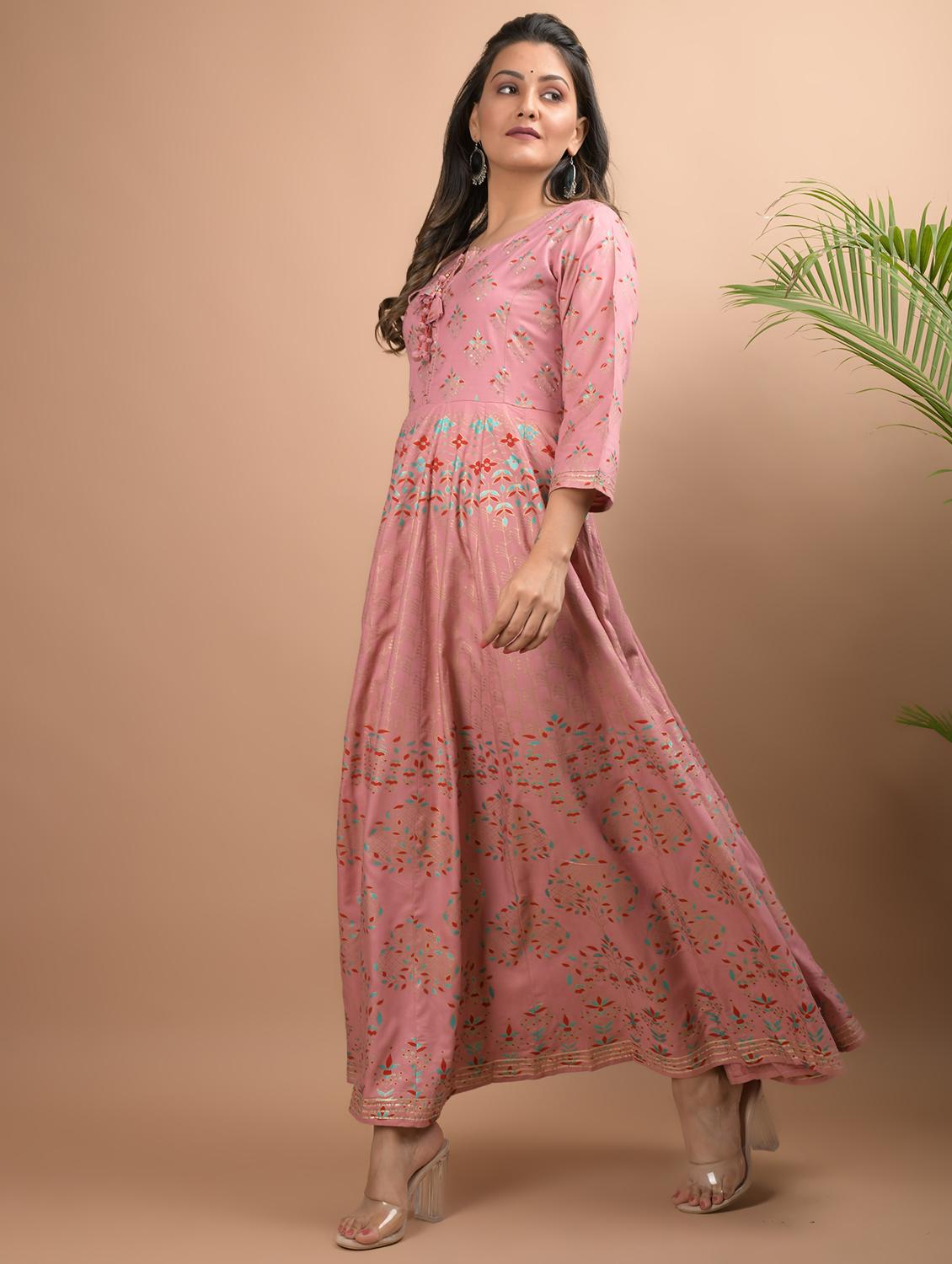 gold print fit & flare gown - 17451129 -  Standard Image - 1