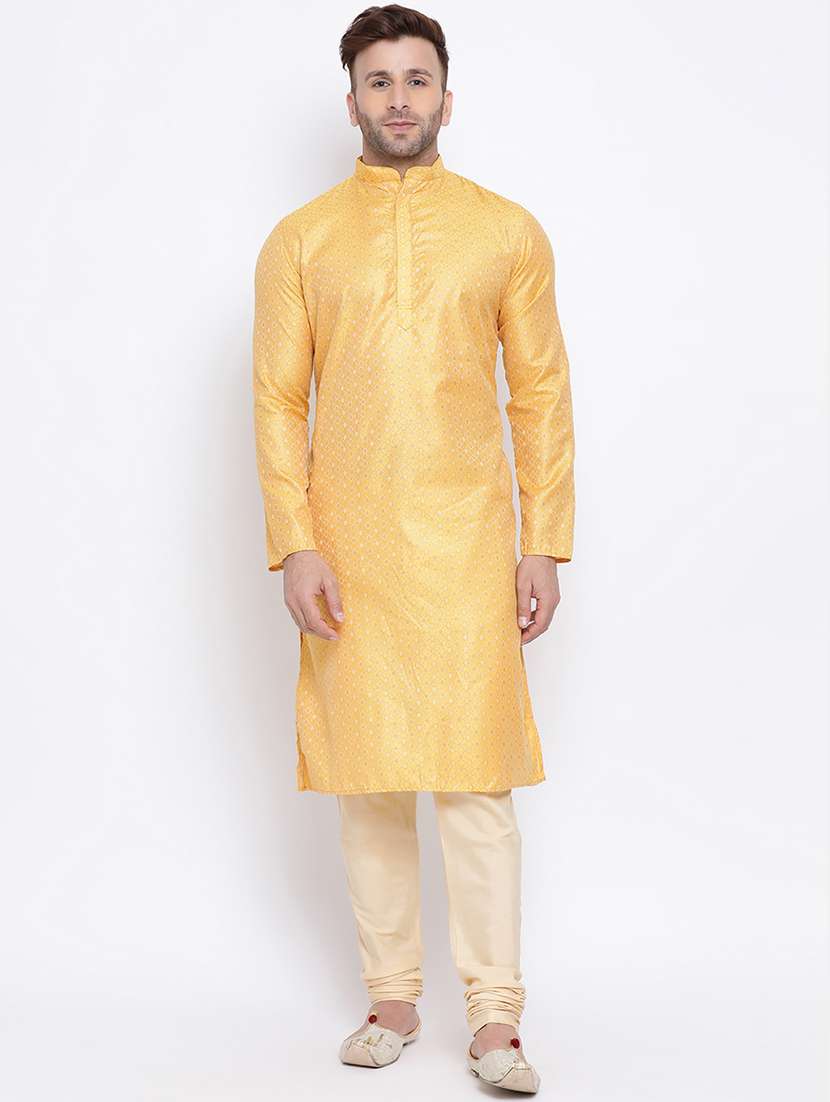 yellow printed silk blend long kurta