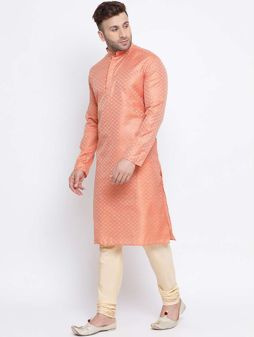 peach printed silk blend long kurta - 17451171 - Standard Image - 1