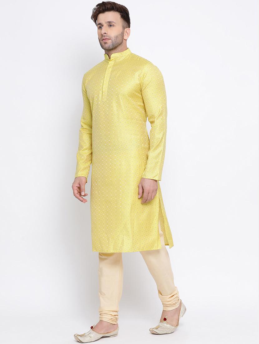 yellow printed silk blend long kurta - 17451172 - Standard Image - 1