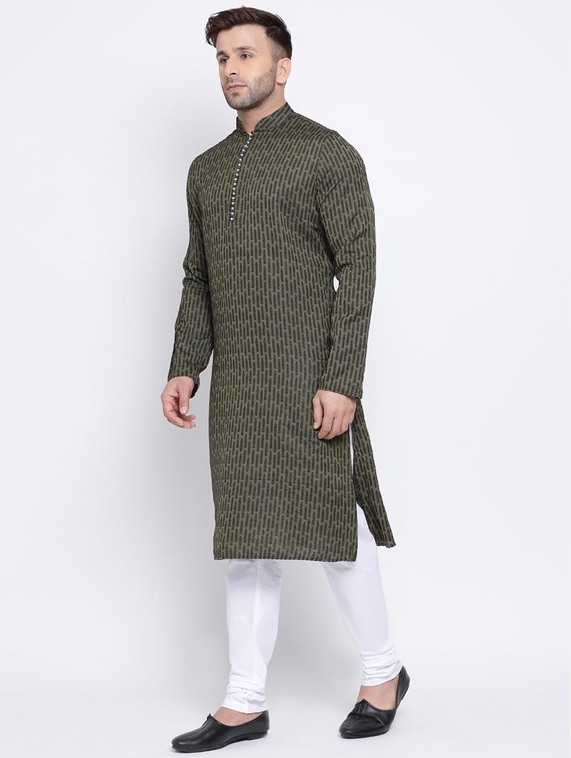 olive green self design silk blend long kurta - 17451187 - Standard Image - 1