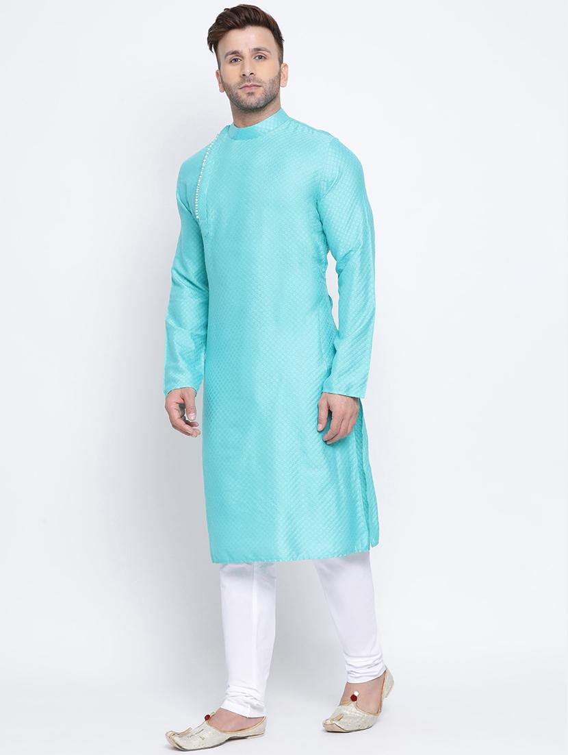 light blue embroidered silk blend long kurta - 17451190 - Standard Image - 1