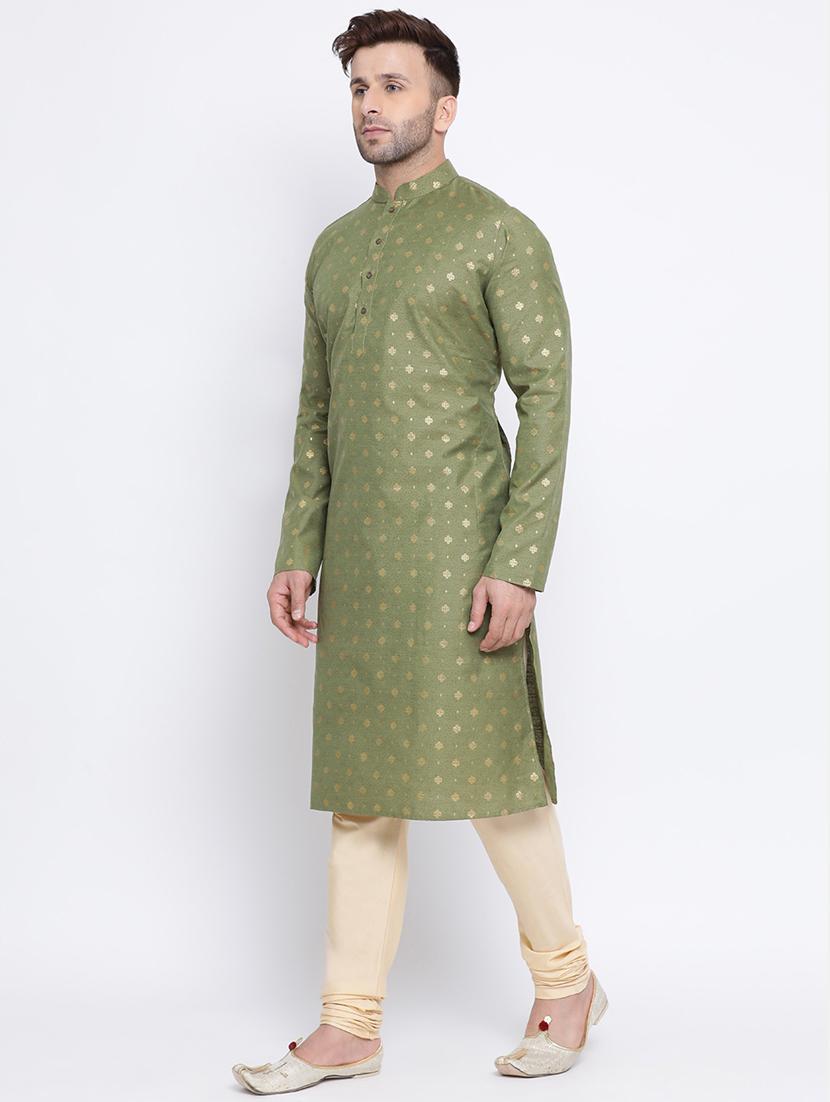 olive green printed silk blend long kurta - 17451192 - Standard Image - 1