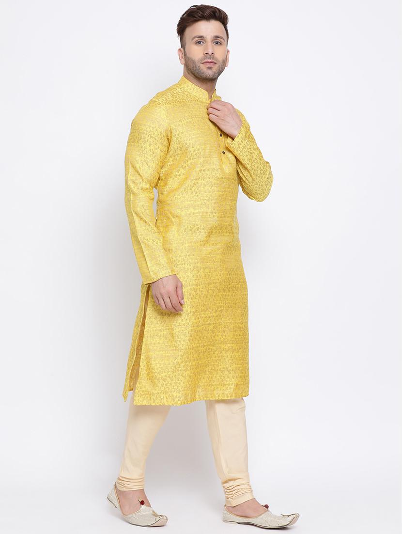 yellow jacquard silk blend long kurta - 17451193 - Standard Image - 1