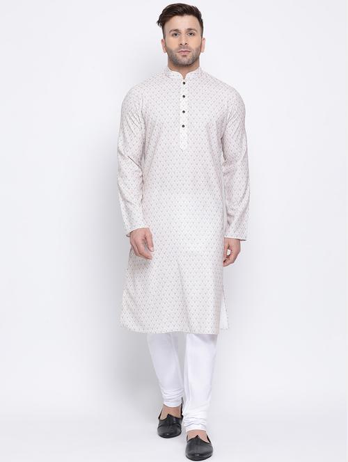 white printed linen long kurta - 17451198 - Standard Image - 0