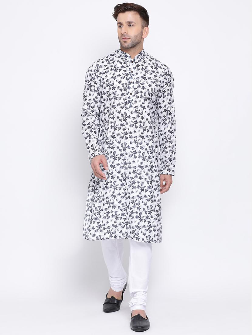 white printed linen long kurta - 17451199 - Zoom Image - 0