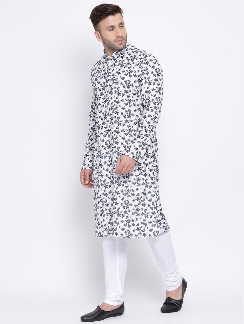 white printed linen long kurta - 17451199 -  Standard Image - 1