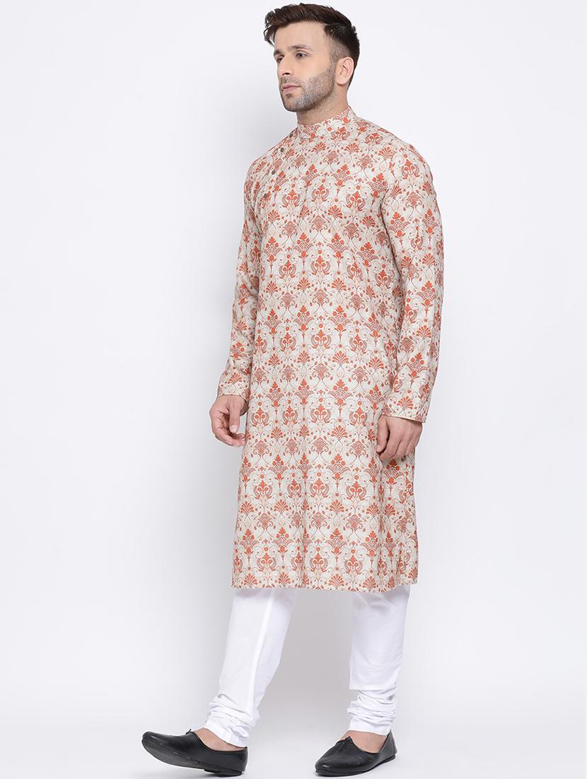 beige printed linen long kurta - 17451206 -  Standard Image - 1