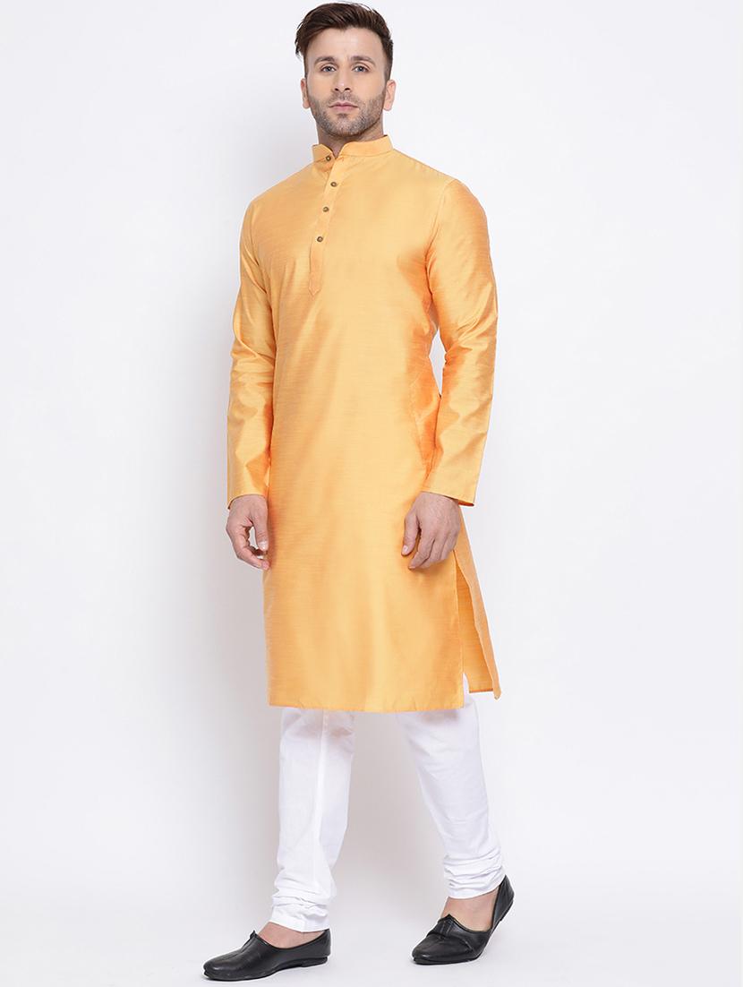 orange solid pure silk long kurta - 17451207 - Standard Image - 1