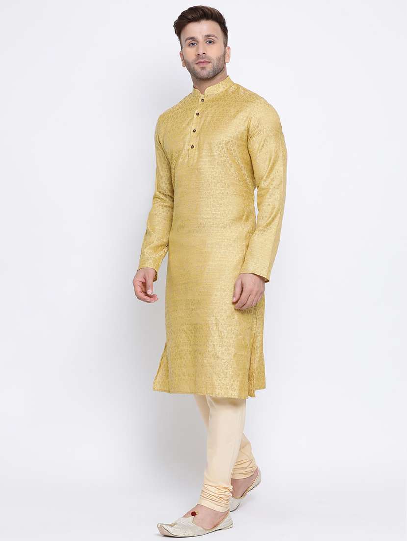 beige jacquard silk blend long kurta - 17451223 -  Standard Image - 1