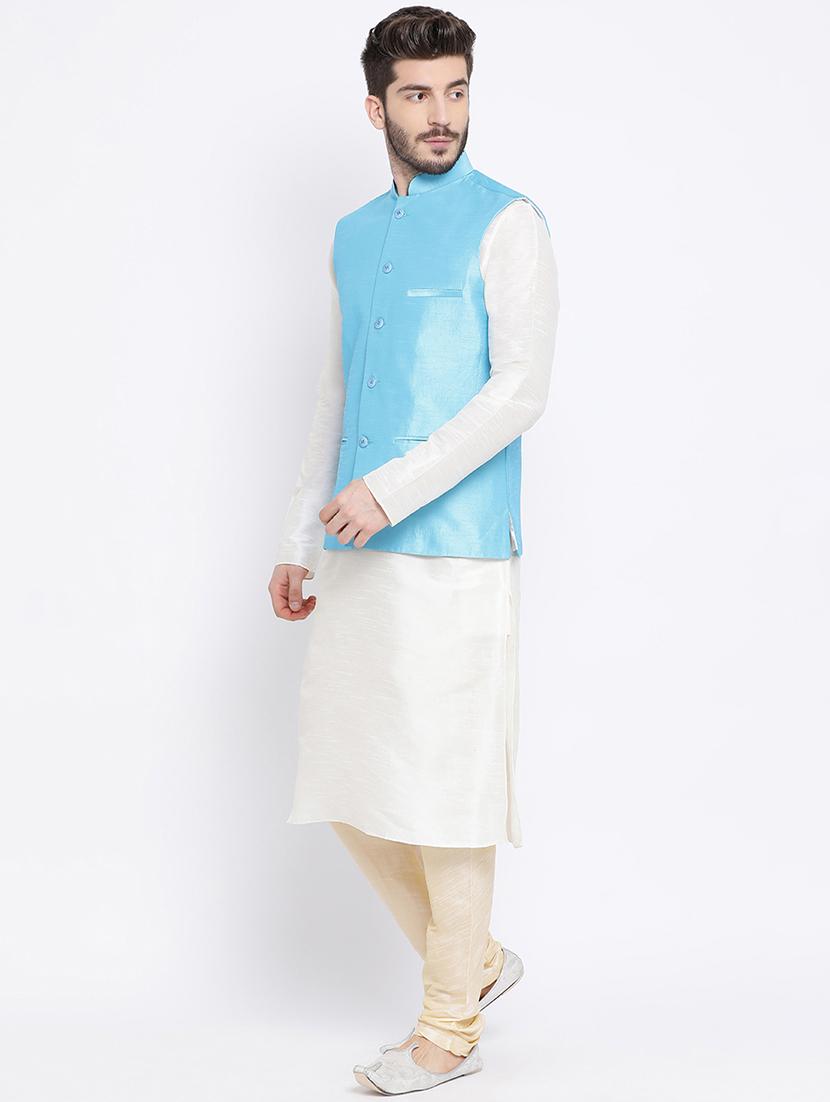 off white solid dupion kurta pyjama set with blue nehru jacket - 17451720 -  Standard Image - 1