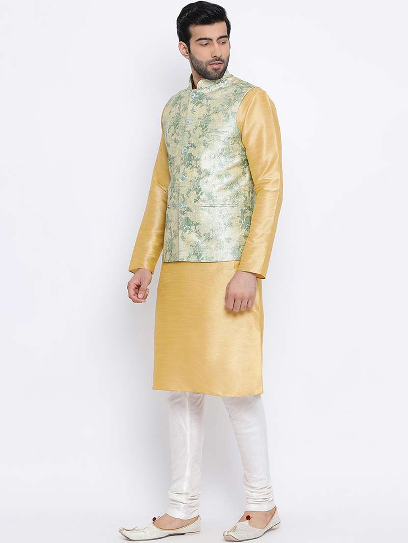 yellow solid silk kurta pyjama set with green printed nehru jacket - 17451721 - Standard Image - 1