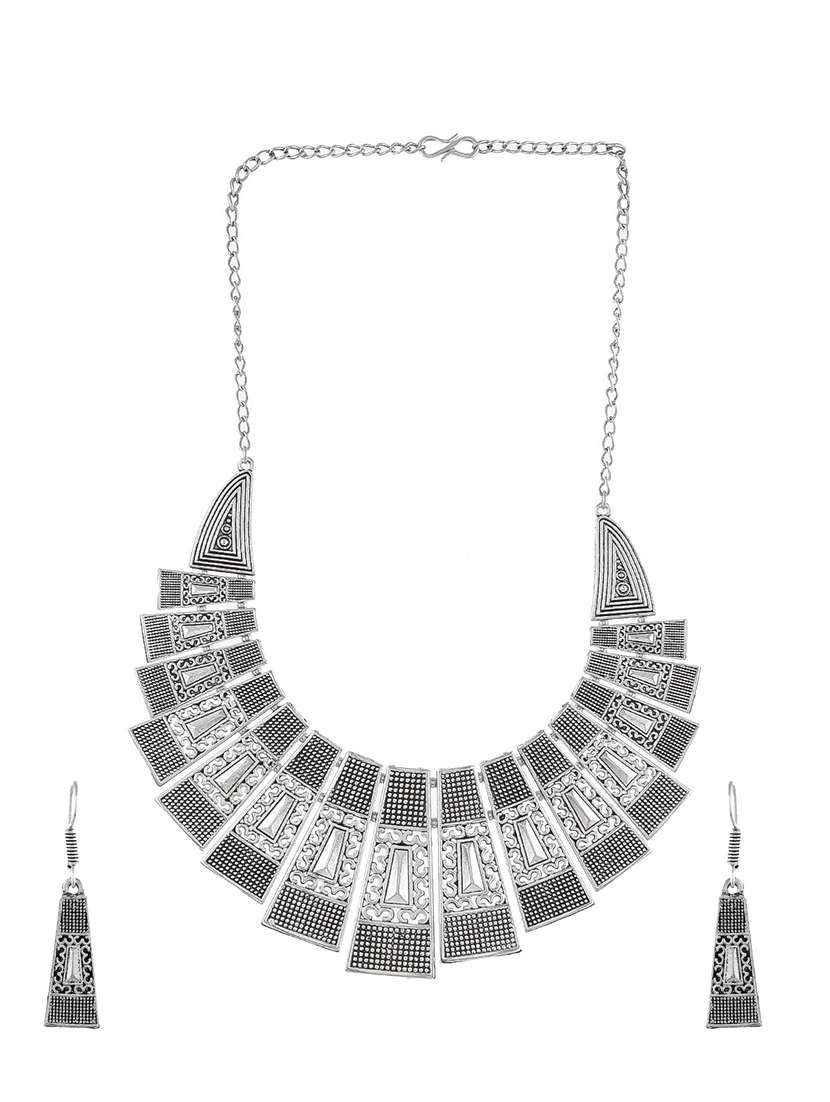 Oxidised Silver Short Necklace With Earring