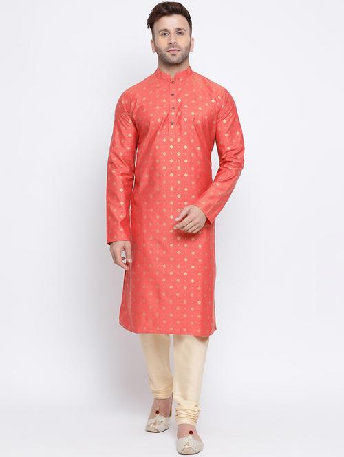 orange printed dupion kurta pyjama set - 17453098 - Standard Image - 0