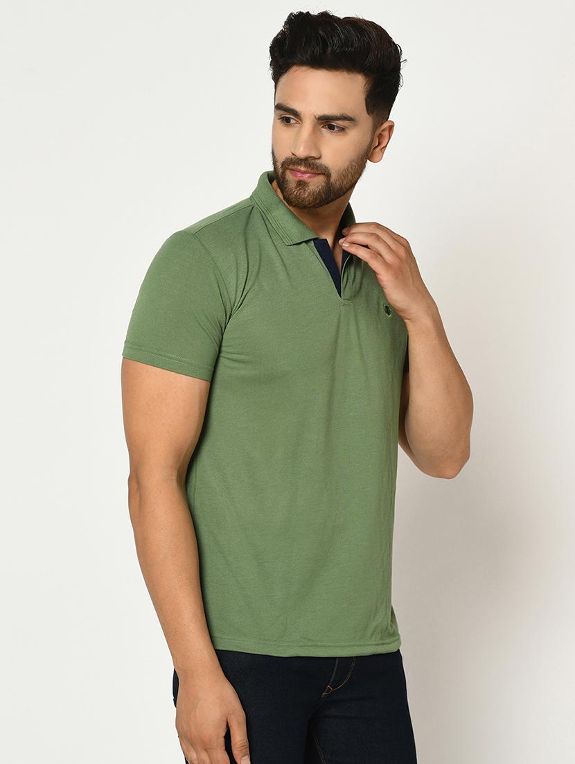 olive green solid collared t-shirt - 17453408 - Standard Image - 1