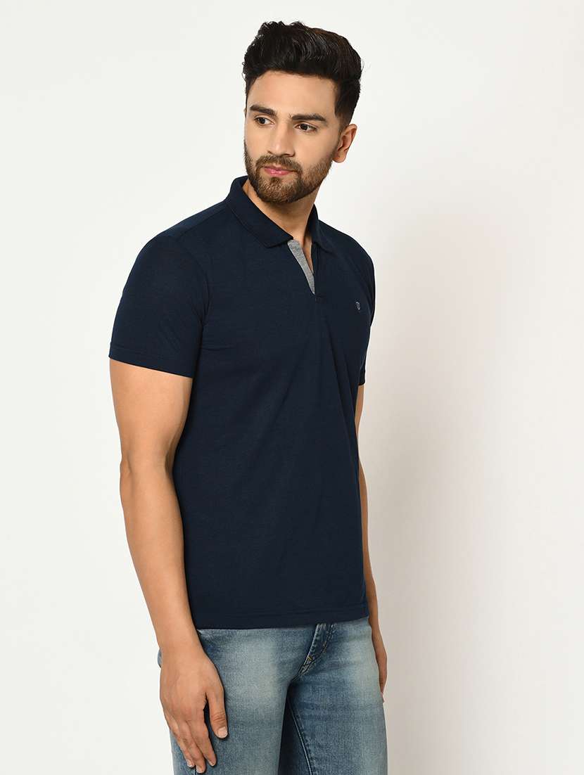 navy blue solid collared t-shirt - 17453471 - Standard Image - 1