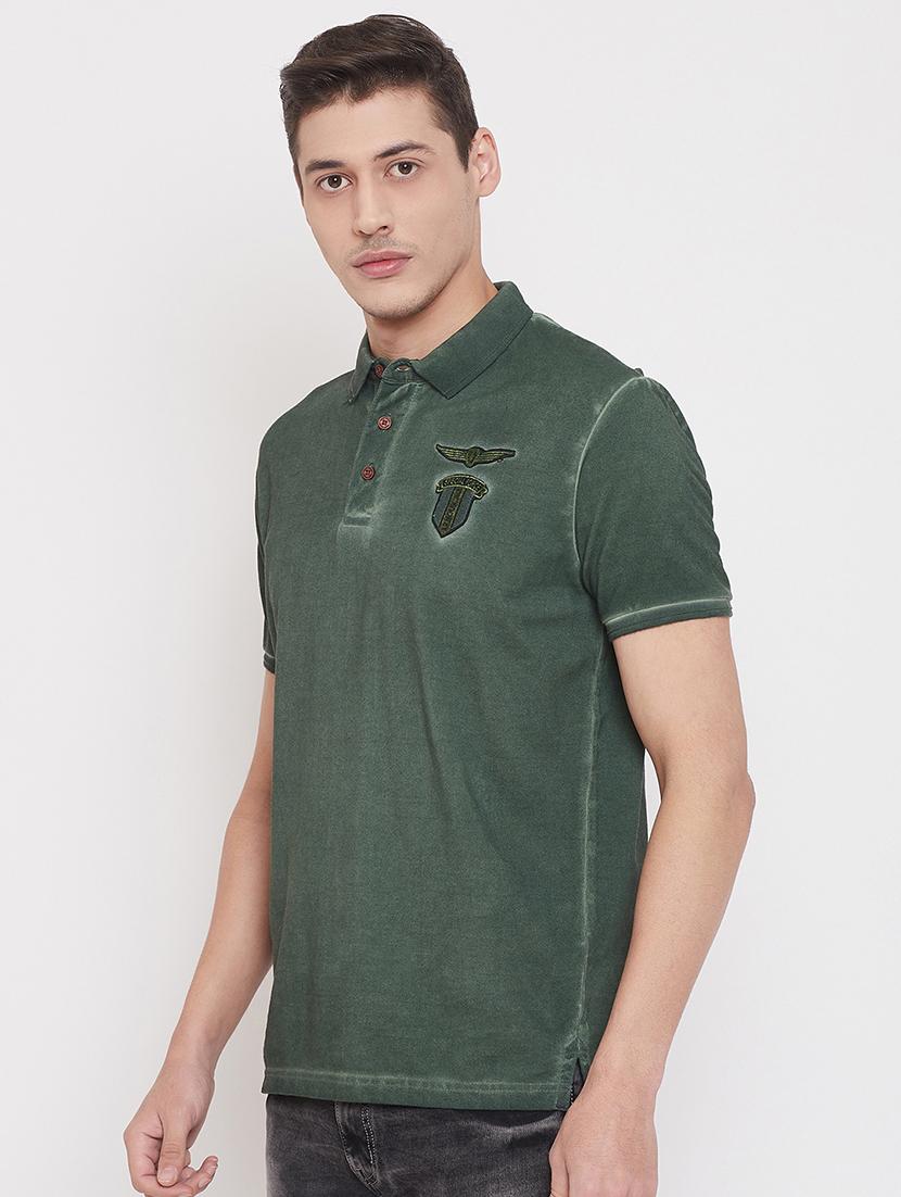 olive green solid collared t-shirt - 17453724 - Standard Image - 1