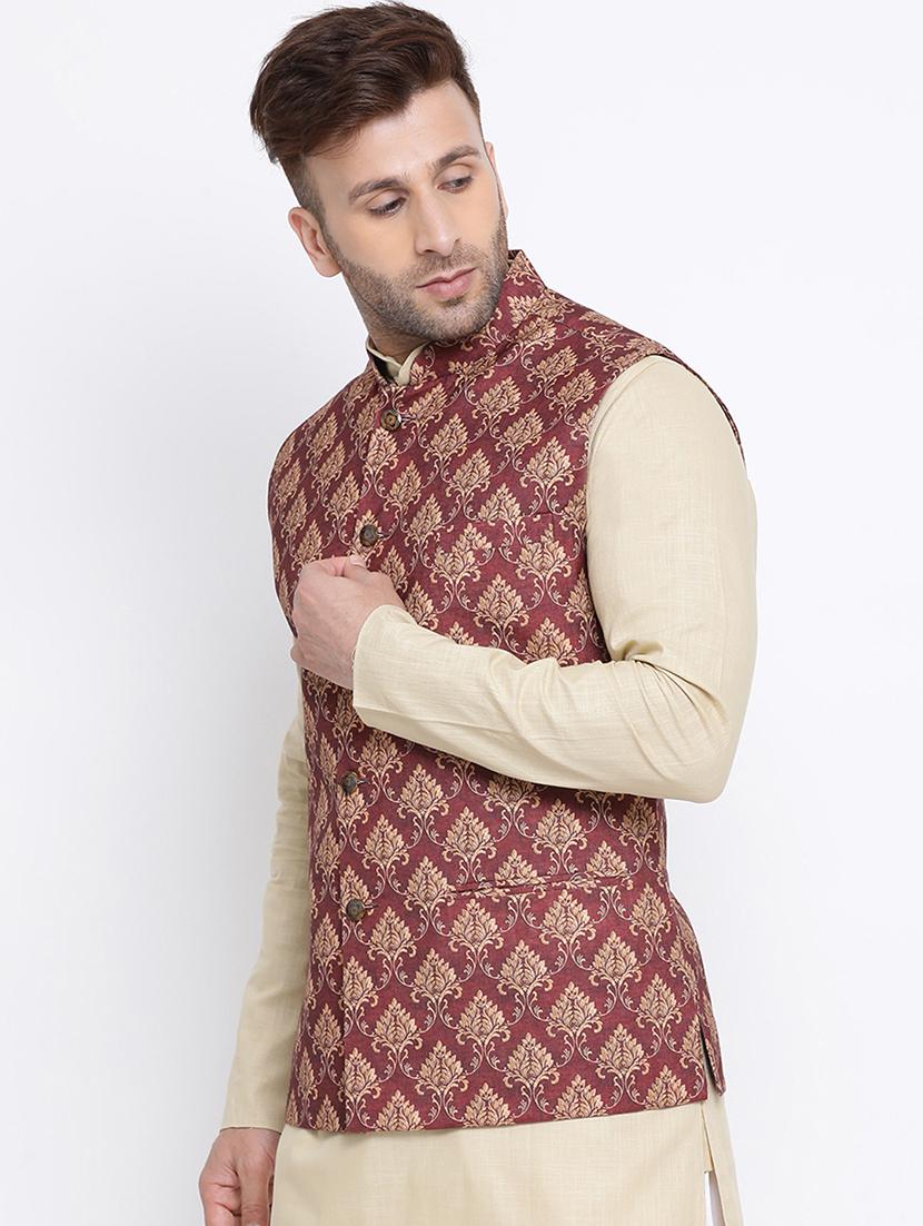maroon printed linen nehru jacket - 17454125 - Standard Image - 1
