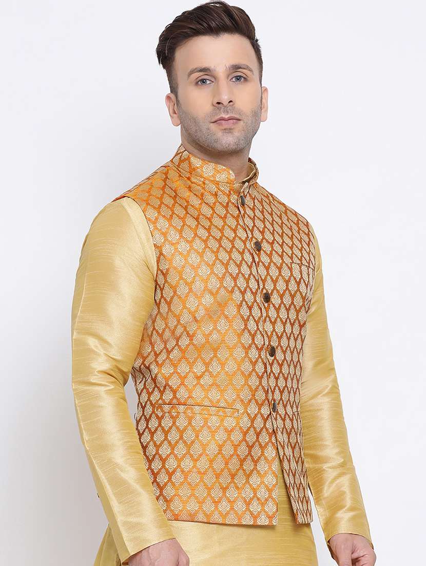 gold jacquard nehru jacket - 17454160 - Standard Image - 1