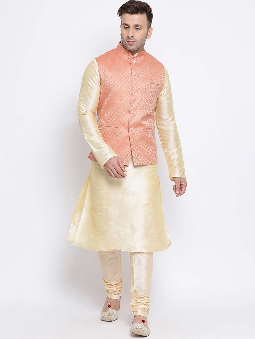 gold solid kurta pyjama set with peach jacquard nehru jacket