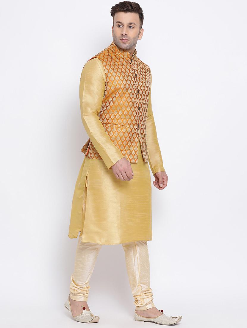 gold solid kurta pyjama set with gold jacquard nehru jacket - 17454665 - Standard Image - 1
