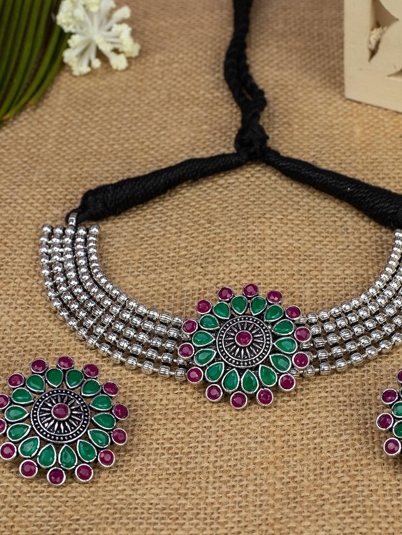 oxidised silver short necklace with earring - 17455364 -  Zoom Image - 0