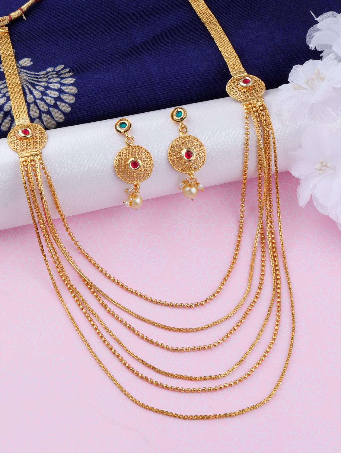 gold plated brass long double layered necklaces with earring - 17456157 - Standard Image - 1