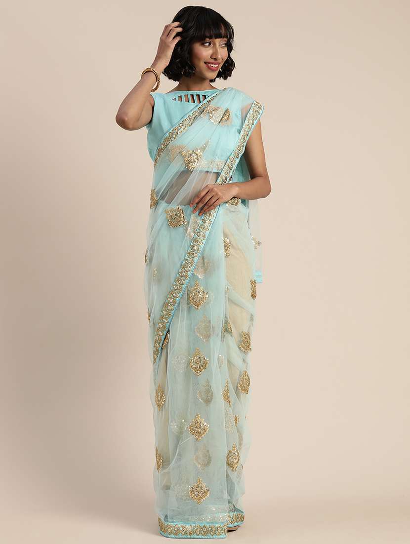 turquoise net printed saree with blouse