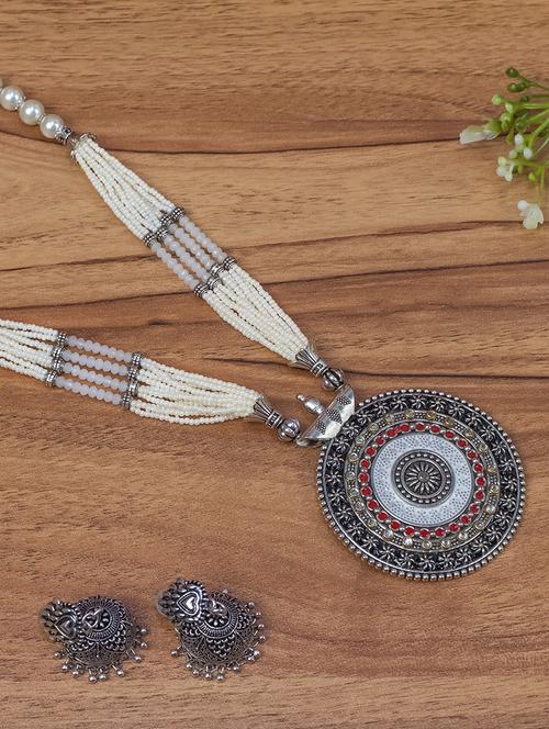 oxidised silver long necklace with earring - 17460305 -  Standard Image - 0