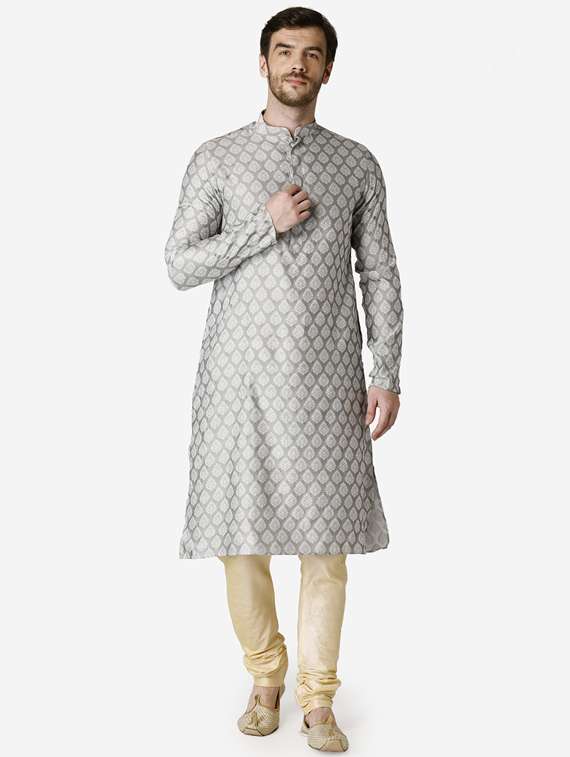 grey printed silk blend kurta pyjama set