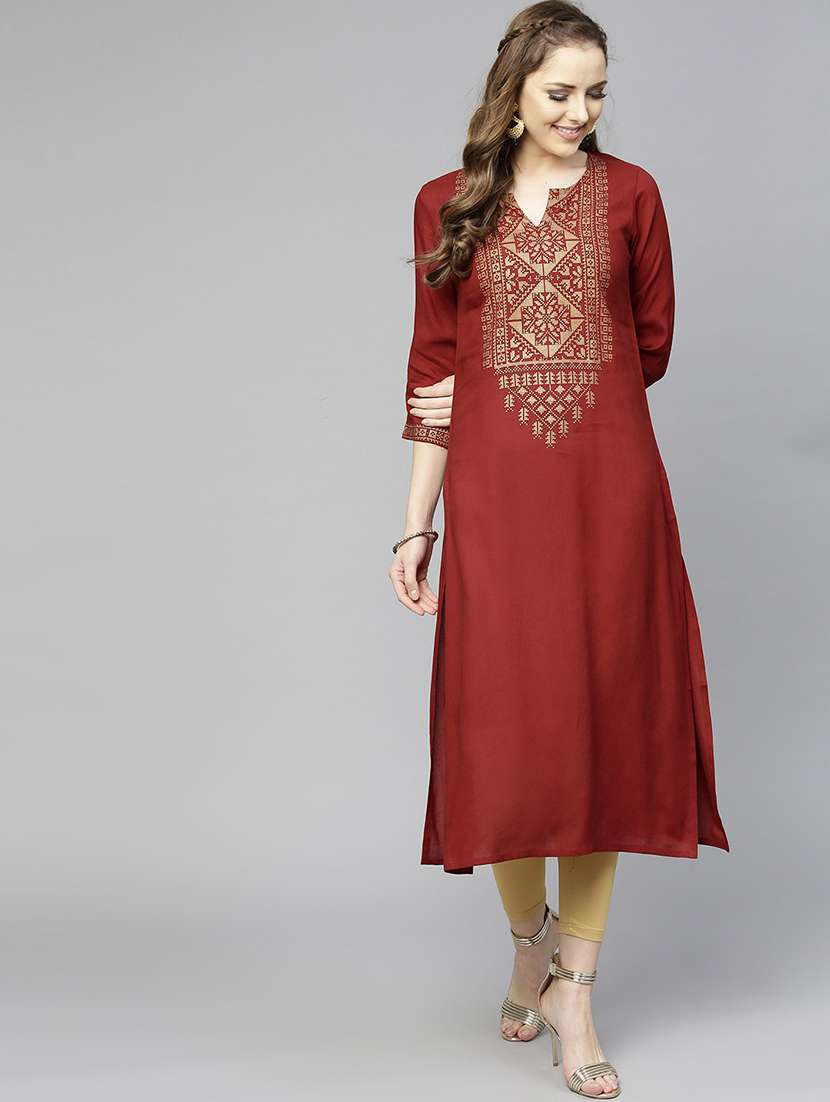 gold print straight kurta