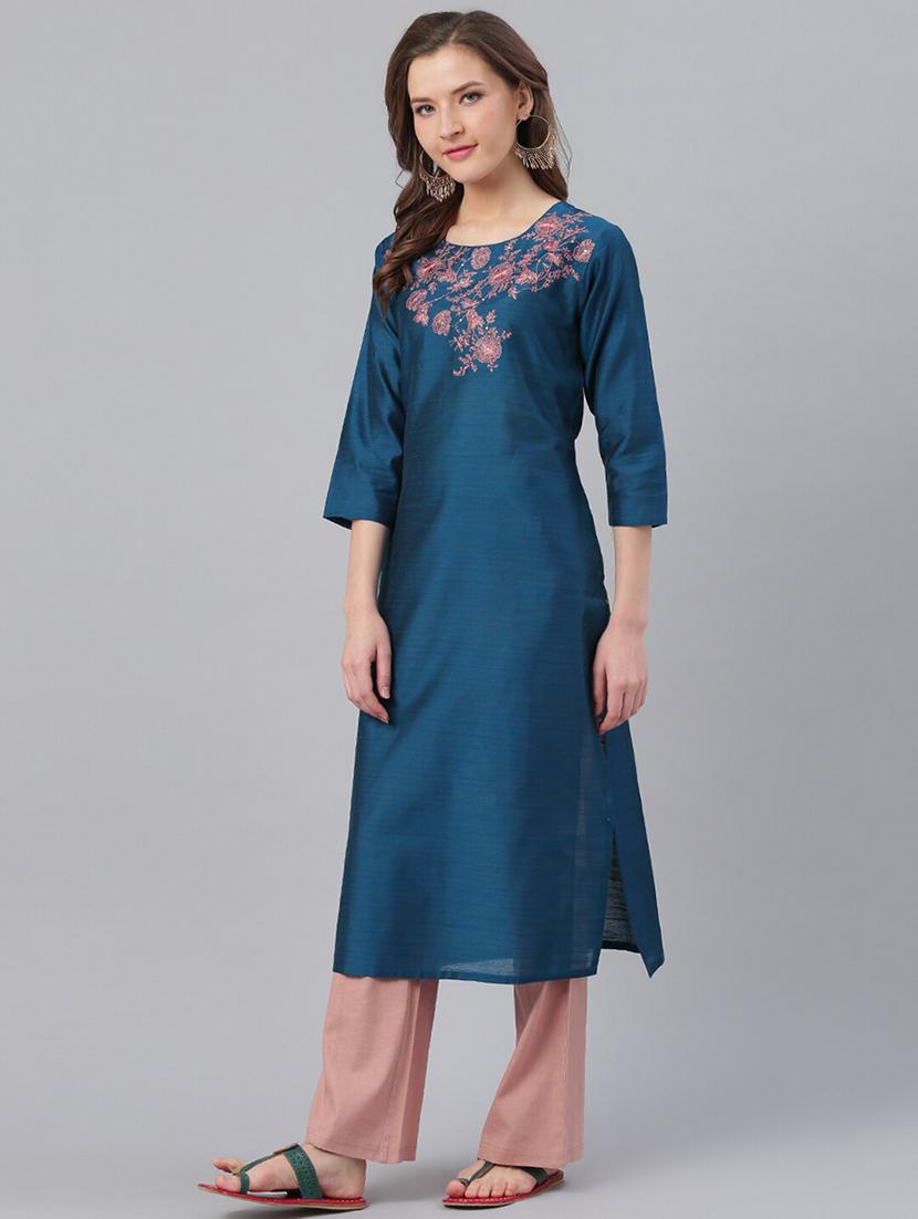 teal art silk straight kurta - 17465814 - Standard Image - 1