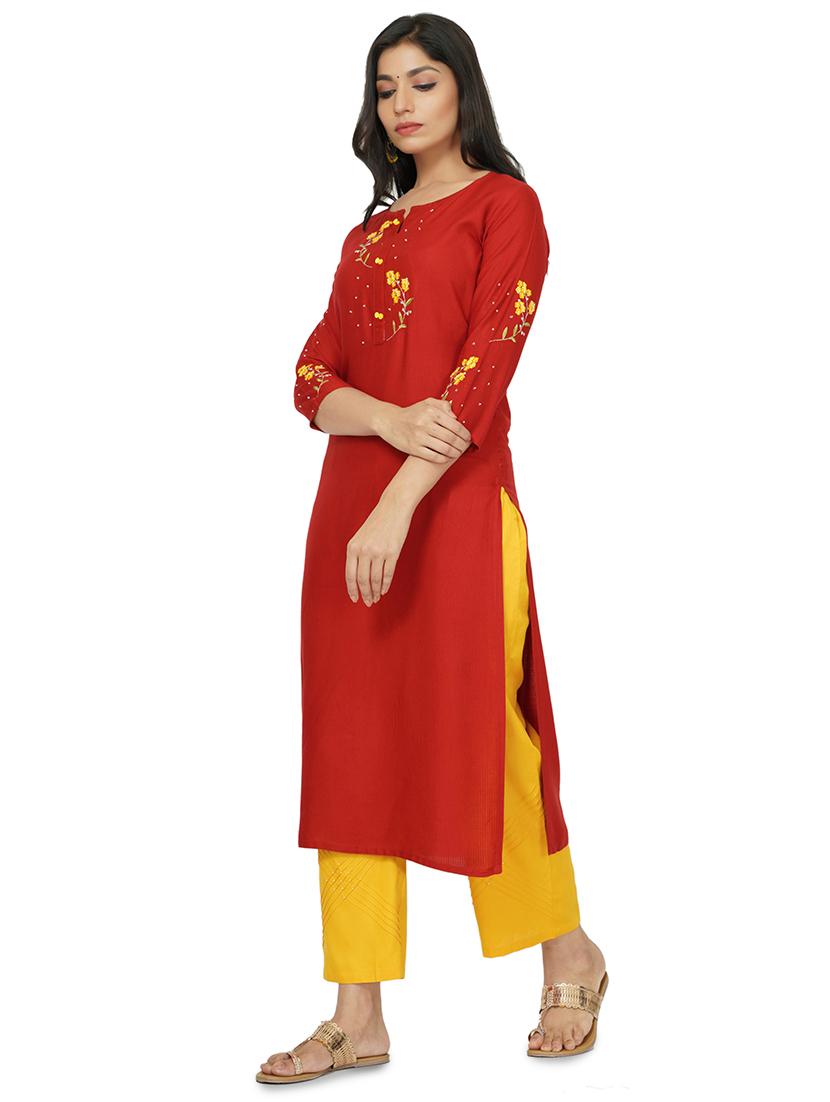 maroon rayon straight kurta - 17466941 - Standard Image - 1